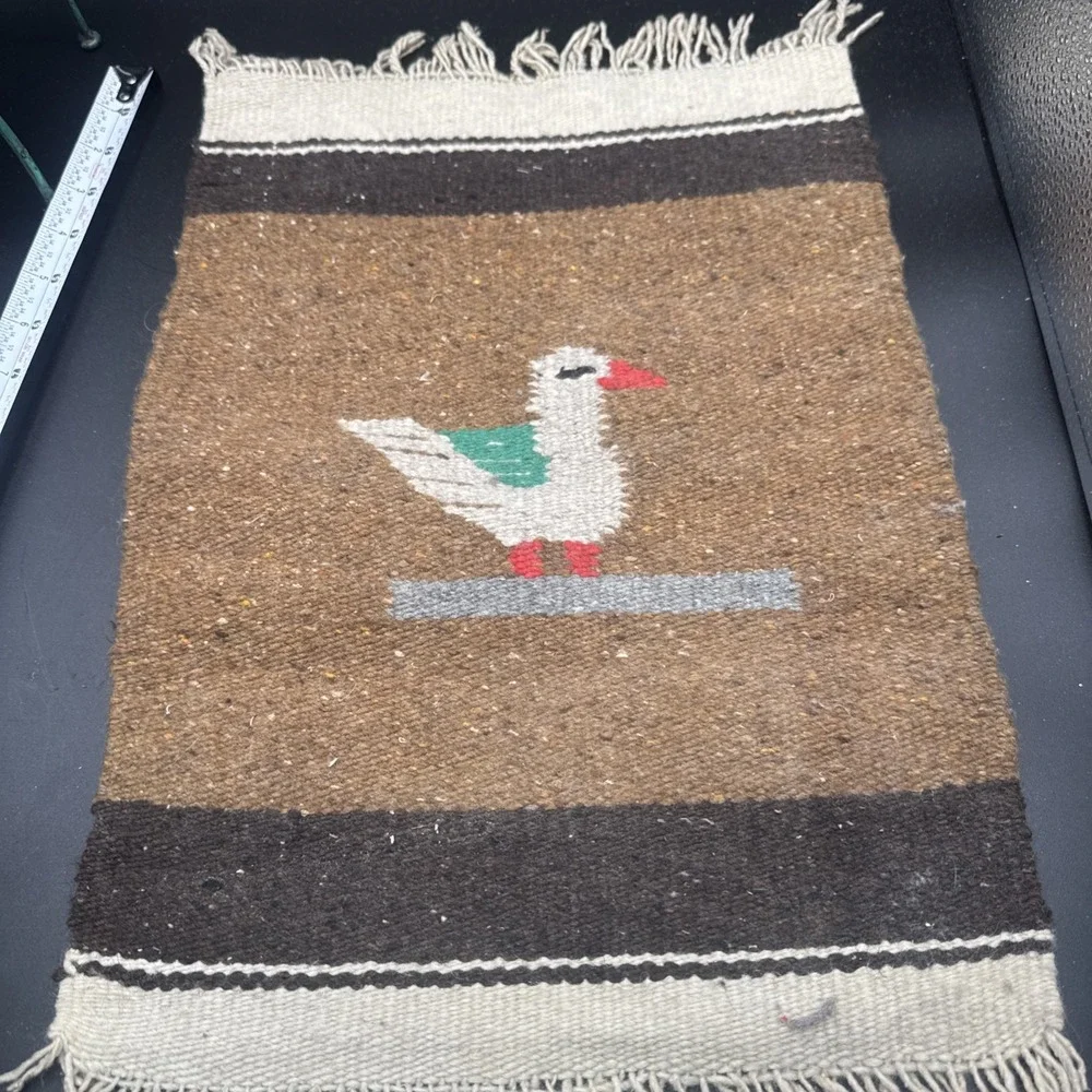 Vintage Southwestern or Mexican Textile Small Rug Wall Tapestry w Bird on Branch